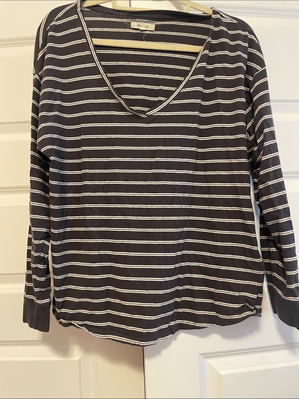 Madewell Black and White Striped V-Neck Long Sleeve Top